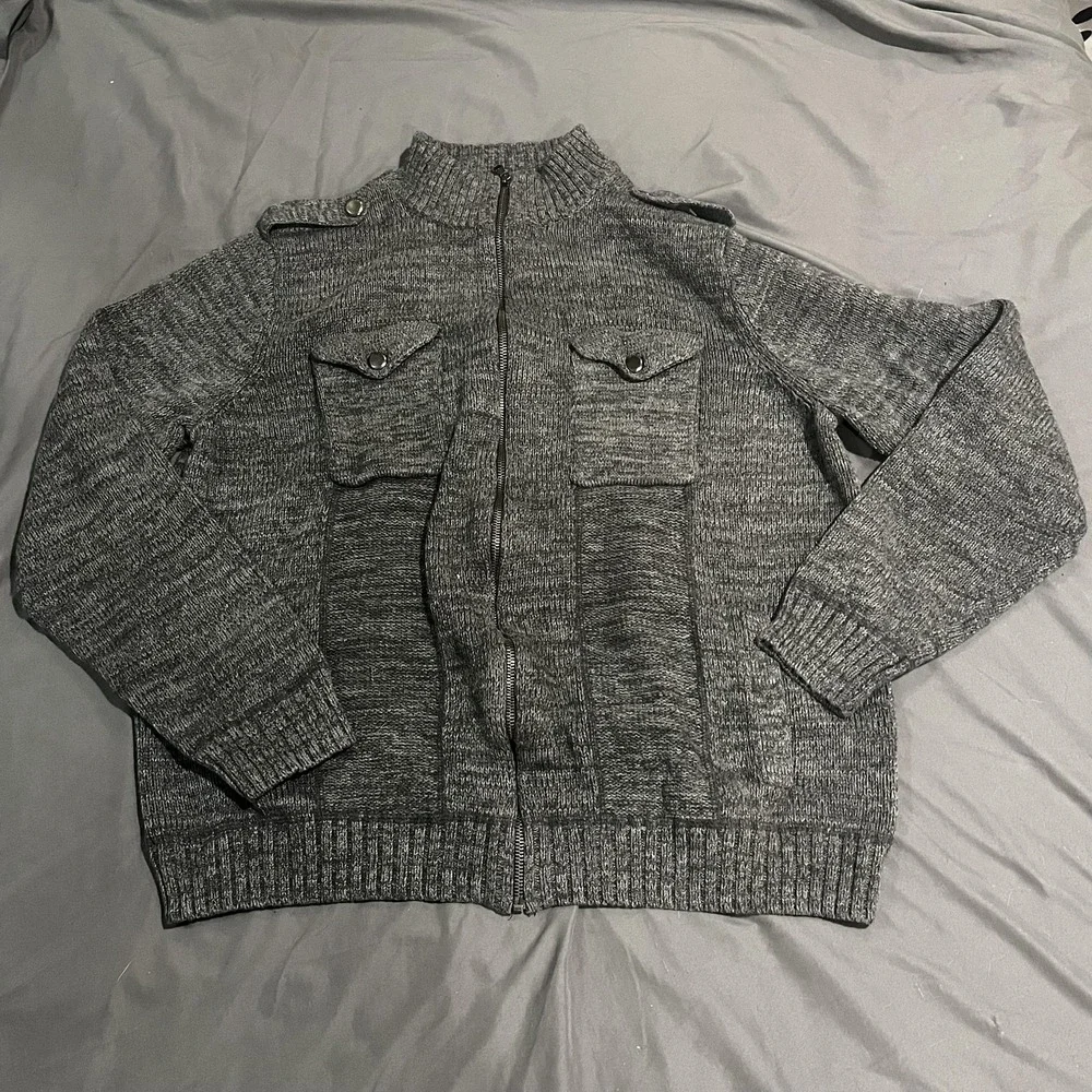 Rock & Republic Sweater Mens 2XL Gray Full Zip Mock Neck Knit Pockets Ribbed Hem